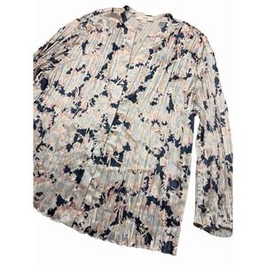 Vince Lotus Pleated Floral Crinkle Button Down Satin Blouse Small Quiet Luxury